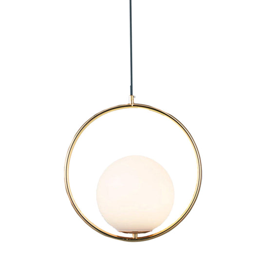 White Glass Pendant Light With Mid-Century Globe Design And Metal Ring