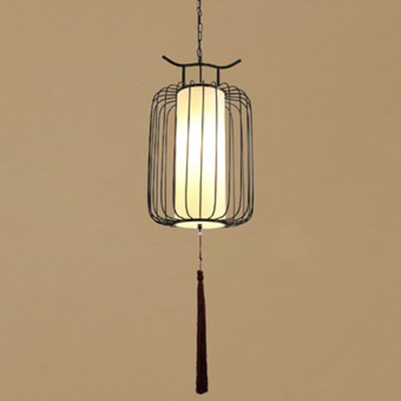 Chinese Style Retro 1-Light Pendant Lighting | Vertical Cage Shade Restaurant Hanging Lamp Black /