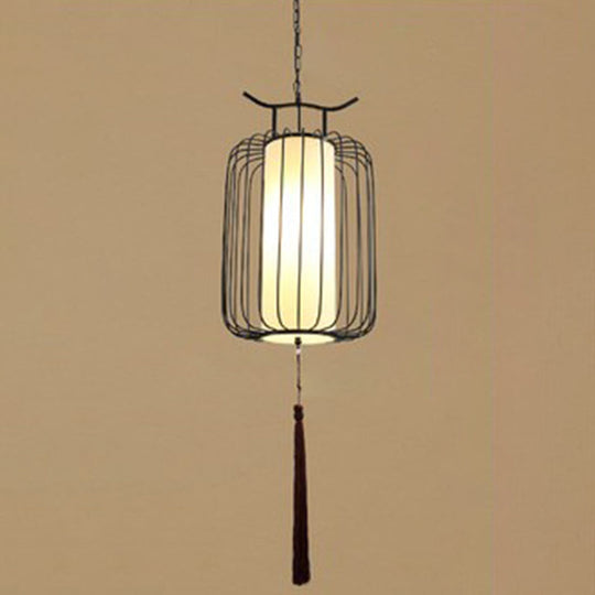Chinese Style Retro 1-Light Pendant Lighting | Vertical Cage Shade Restaurant Hanging Lamp Black /