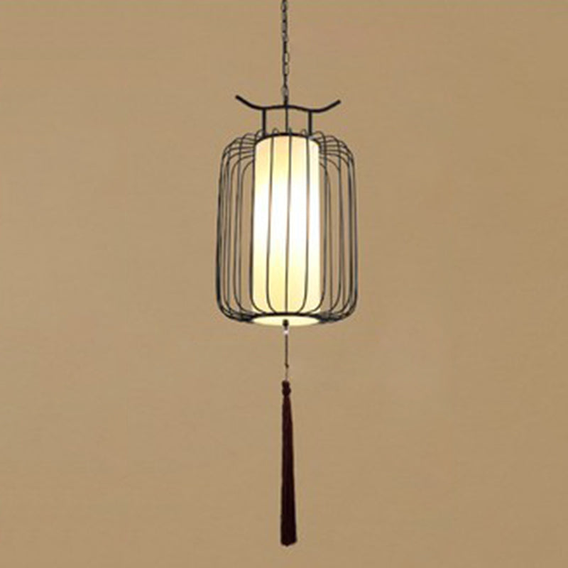 Chinese Style Retro 1-Light Pendant Lighting | Vertical Cage Shade Restaurant Hanging Lamp Black /