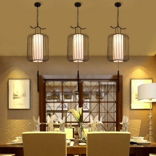 Chinese Style Retro 1-Light Pendant Lighting | Vertical Cage Shade Restaurant Hanging Lamp