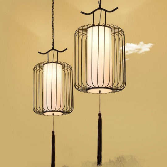 Chinese Style Retro 1-Light Pendant Lighting | Vertical Cage Shade Restaurant Hanging Lamp