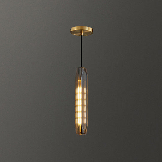 Modern Shaded Crystal Pendant Light - Simplicity Block Design Brass Ceiling Fixture / Tubular