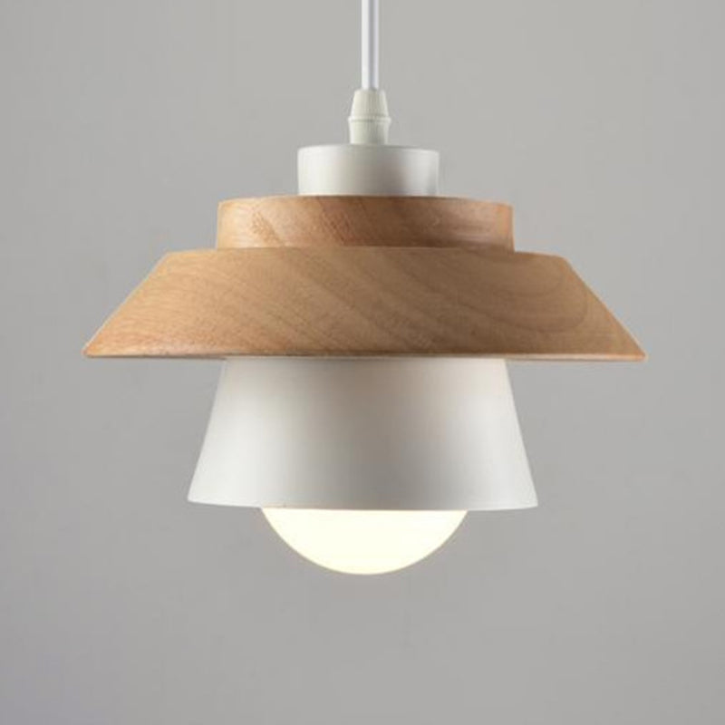 Nordic Saucer Cup Hanging Lamp - Metal & Wood Pendant Light Fixture White