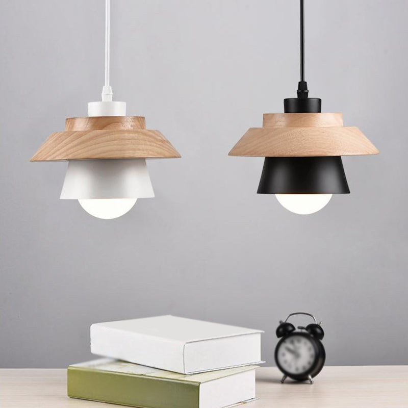 Nordic Saucer Cup Hanging Lamp - Metal & Wood Pendant Light Fixture