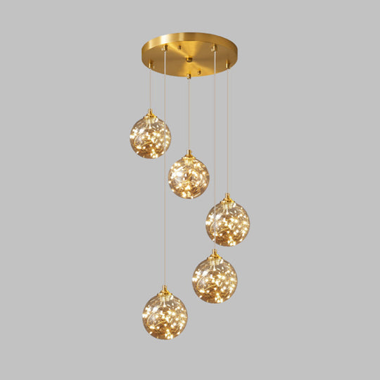 Amber Glass Led Pendant Lamp With Brass Finish - Nordic Style Lighting For Bedroom 5 /