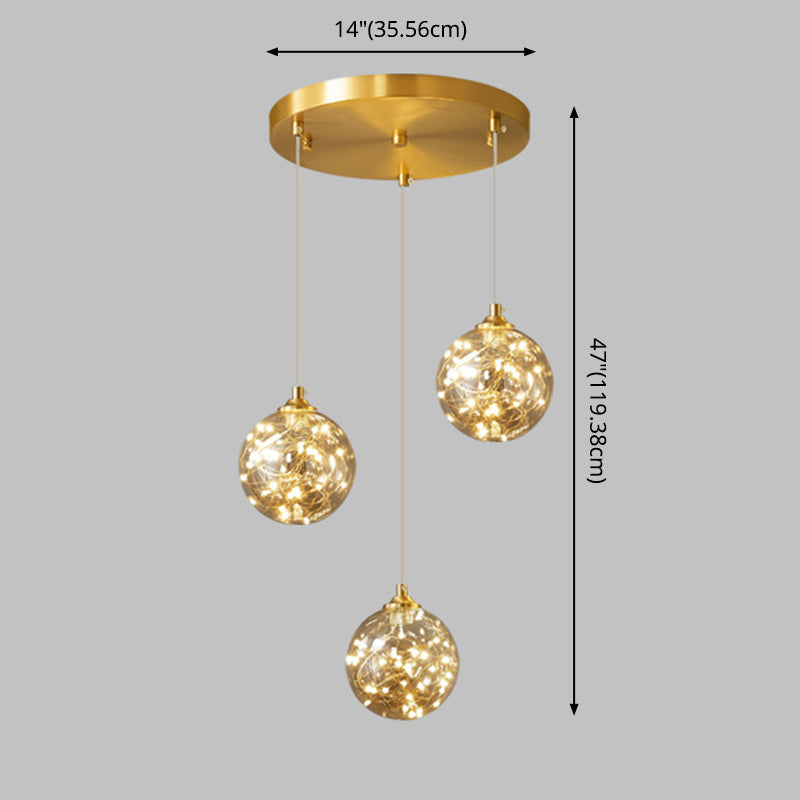 Amber Glass Led Pendant Lamp With Brass Finish - Nordic Style Lighting For Bedroom