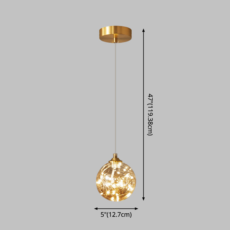 Amber Glass Led Pendant Lamp With Brass Finish - Nordic Style Lighting For Bedroom