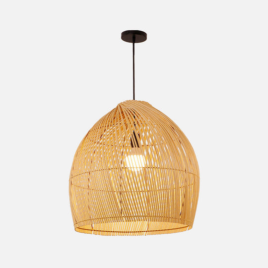 Asian Style Round Pendant Light: 1-Bulb Wood Suspension Fixture For Balcony / 18