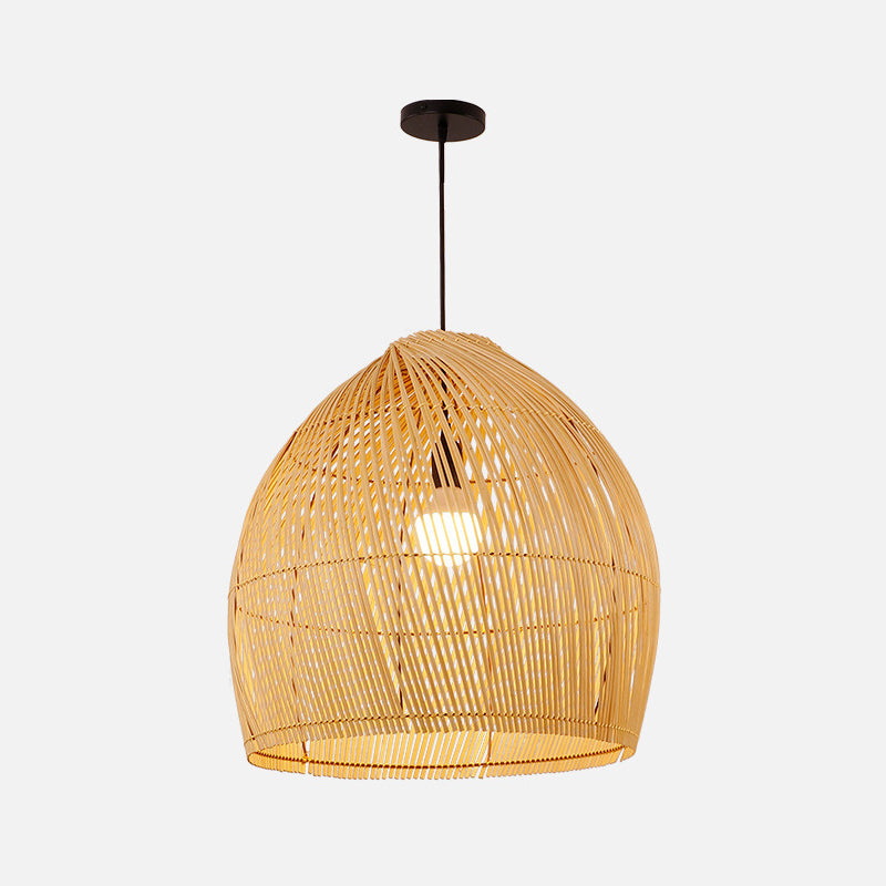 Asian Style Round Pendant Light: 1-Bulb Wood Suspension Fixture For Balcony / 18