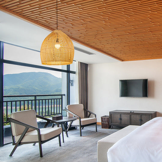 Asian Style Round Pendant Light: 1-Bulb Wood Suspension Fixture For Balcony