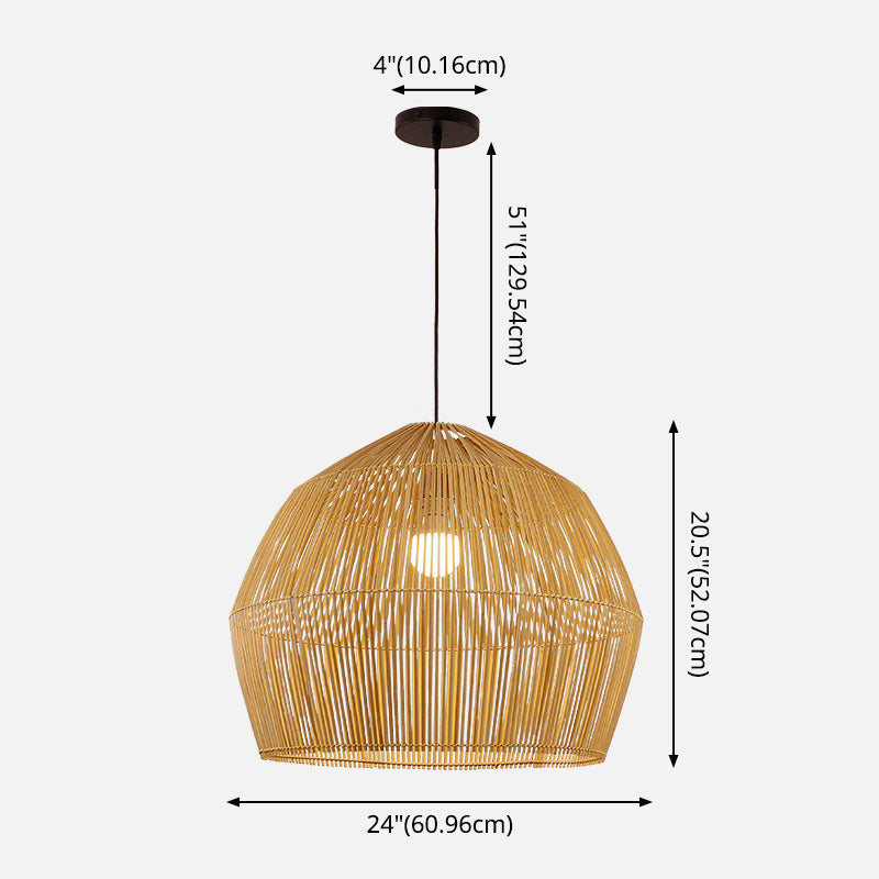 Asian Style Round Pendant Light: 1-Bulb Wood Suspension Fixture For Balcony