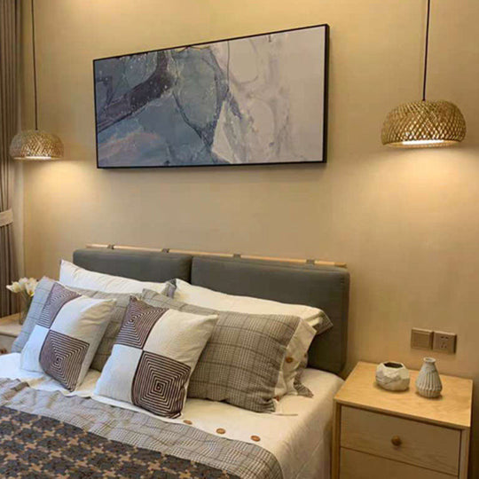 Wooden Pendant Bedside Lamp With Bamboo Shade - Asian Style Drop Light