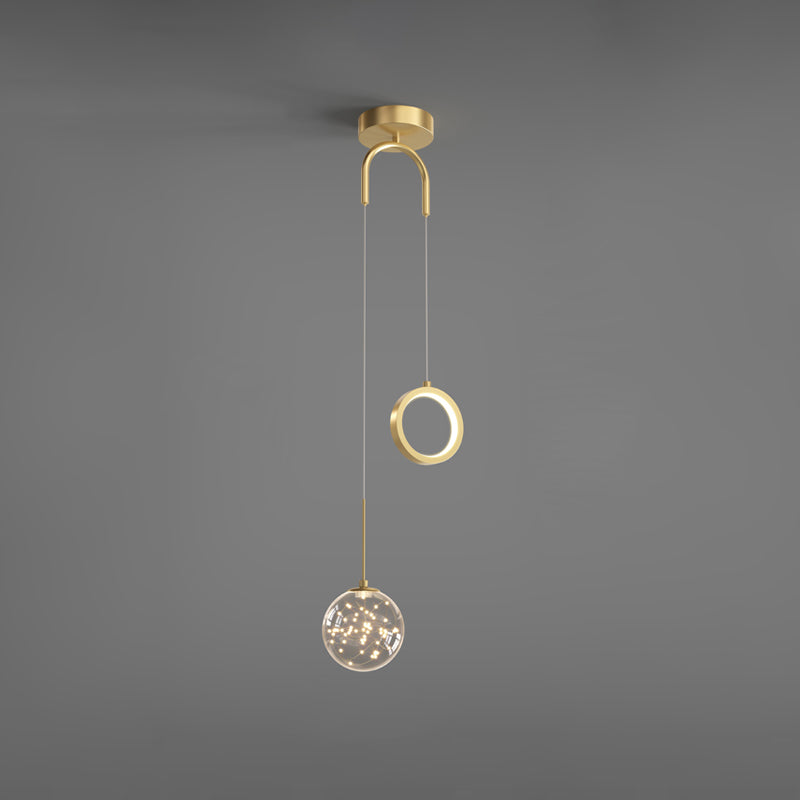 Minimalist Gold Glass Ball & Ring Led Pendant - 2-Light Starry Suspension Light For Bedroom / White