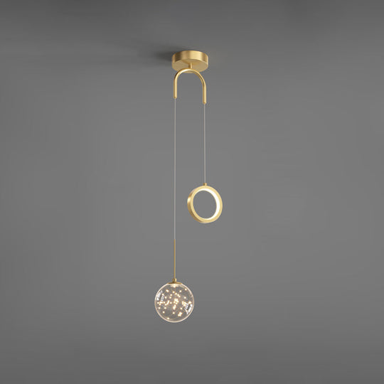 Minimalist Gold Glass Ball & Ring Led Pendant - 2-Light Starry Suspension Light For Bedroom / Remote