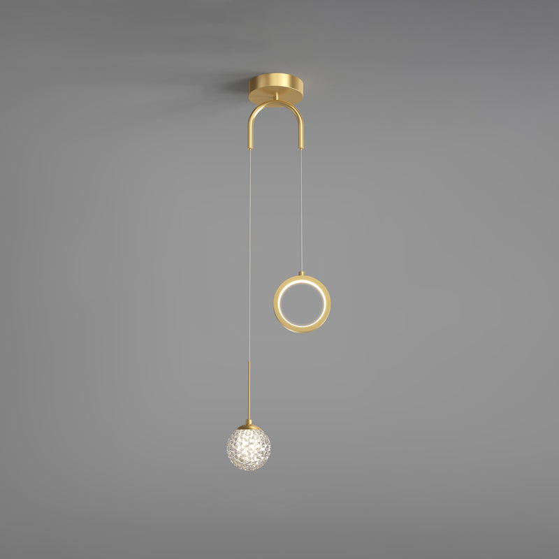 Minimalist Gold Glass Ball & Ring Led Pendant - 2-Light Starry Suspension Light For Bedroom / Remote