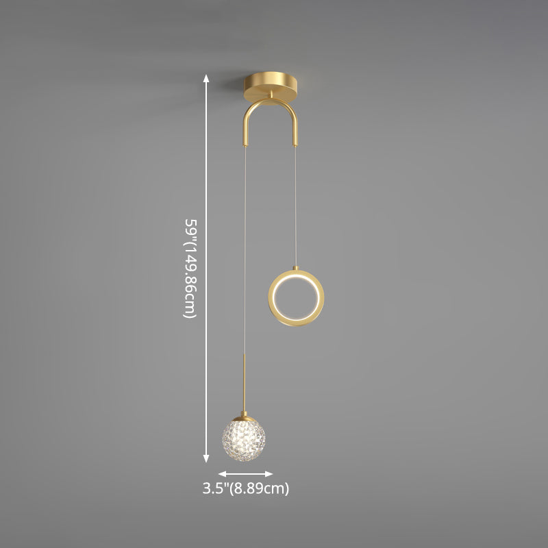 Minimalist Gold Glass Ball & Ring Led Pendant - 2-Light Starry Suspension Light For Bedroom