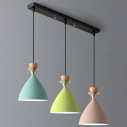 Macaroon 3-Light Cluster Pendant: Vibrant Green Pink And Yellow Cone Metal Shade Hanging Light With