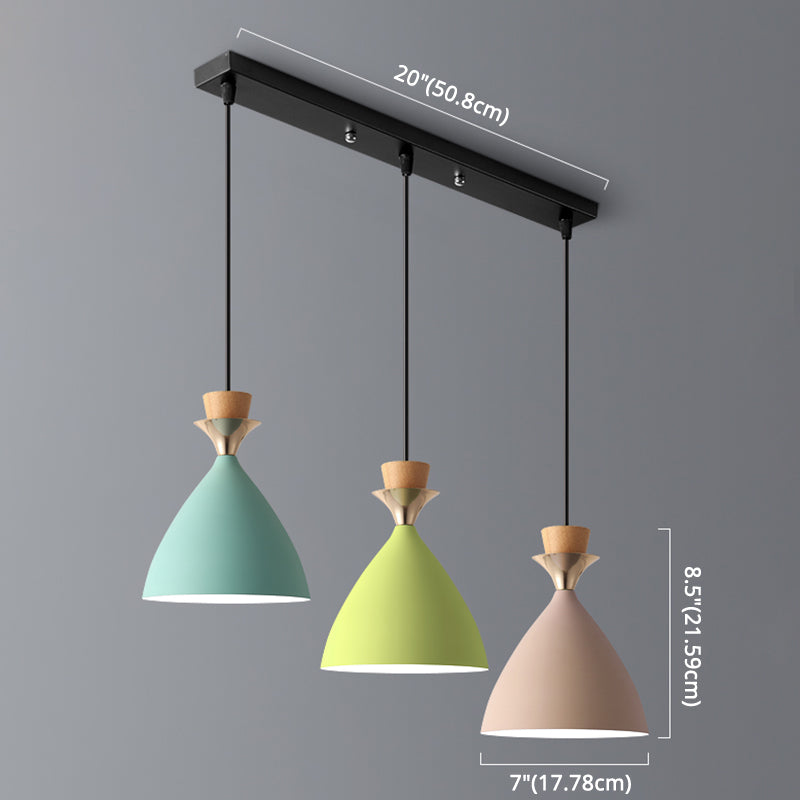 Macaroon 3-Light Cluster Pendant: Vibrant Green Pink And Yellow Cone Metal Shade Hanging Light With