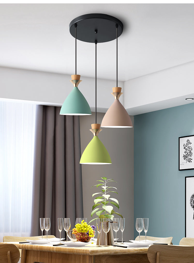 Macaroon 3-Light Cluster Pendant: Vibrant Green Pink And Yellow Cone Metal Shade Hanging Light With