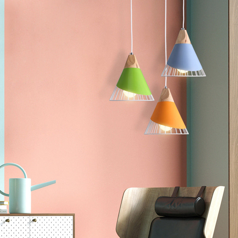 Nordic Solid Wood Macaroon Pendant Lamp With Iron Hollow Shade For Bedroom