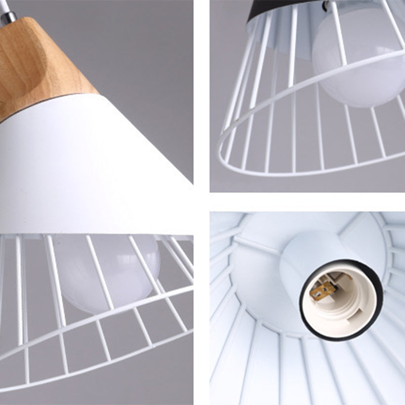 Nordic Solid Wood Macaroon Pendant Lamp With Iron Hollow Shade For Bedroom