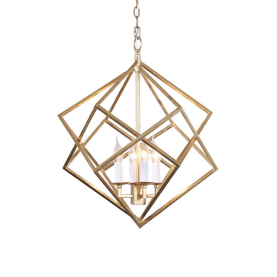Industrial Metal Pendant Light Fixture - Prismatic/Rhombus Cage Shade 4-Light Suspension In Gold