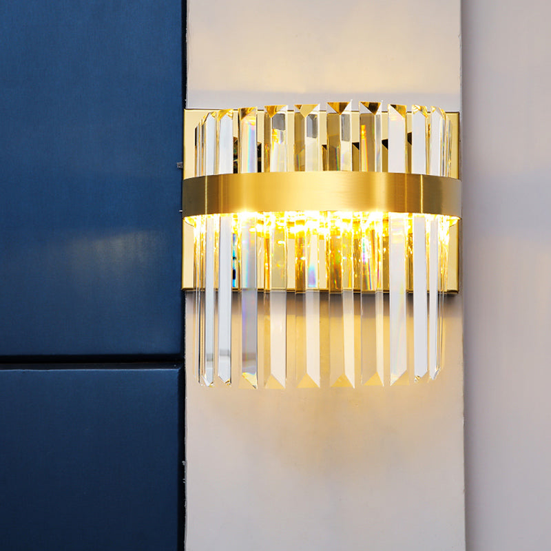 Contemporary Gold Demilune Wall Light - 2 Head Crystal Prism Sconce