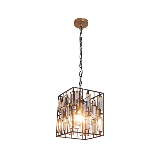 Industrial Metal Pendant Light With Black Cubic Cage & Crystal Accent - Ideal For Restaurants