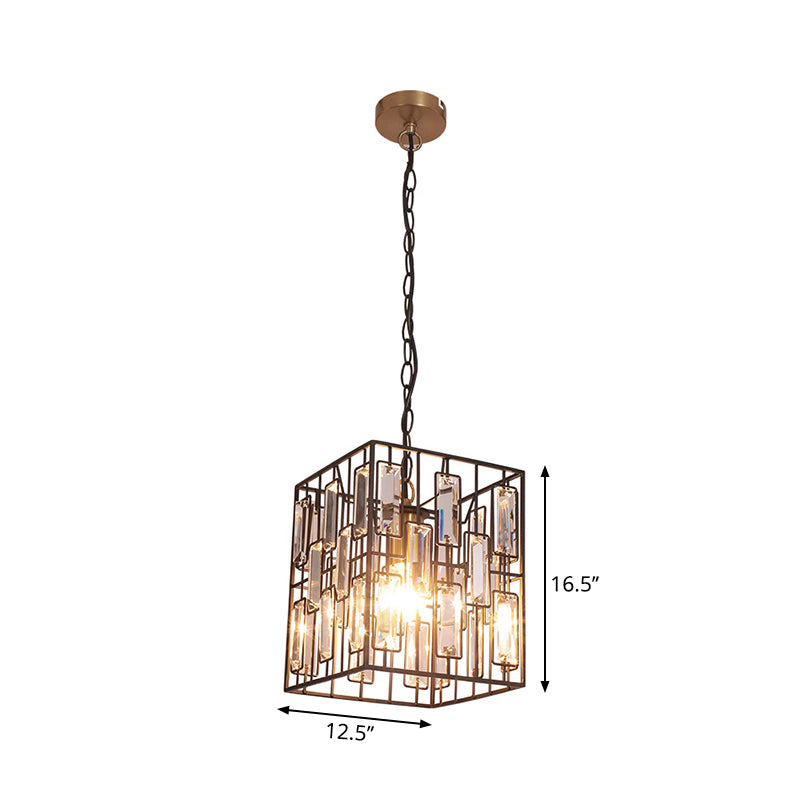 Industrial Metal Pendant Light With Black Cubic Cage & Crystal Accent - Ideal For Restaurants