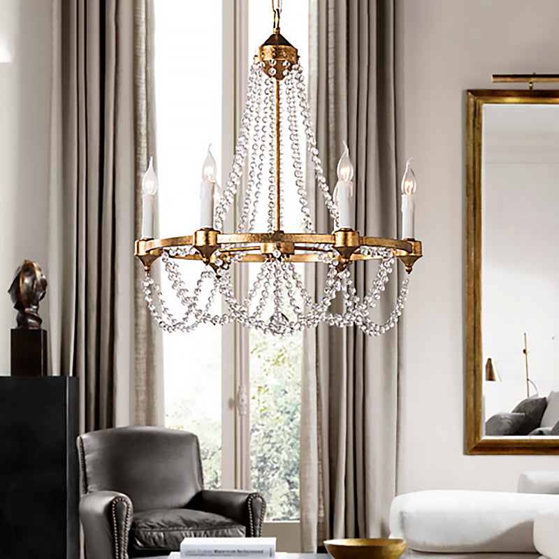 French Country Crystal Chandelier With 6 Lights In Antique Brass Finish