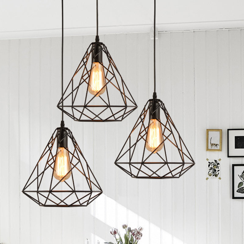 Vintage Metal Diamond Cage Pendant Light For Dinning Room - Black