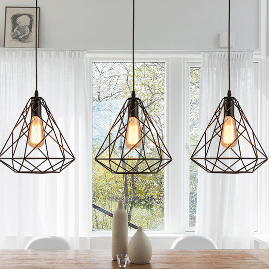Vintage Metal Diamond Cage Pendant Light For Dinning Room - Black