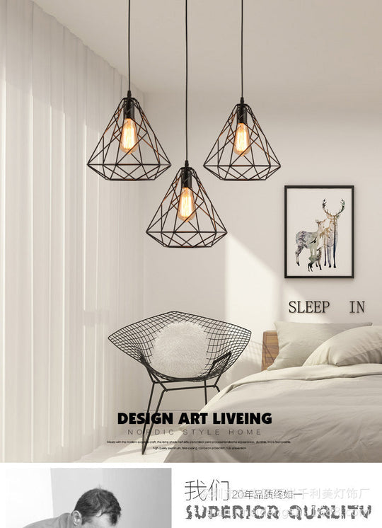 Vintage Metal Diamond Cage Pendant Light For Dinning Room - Black