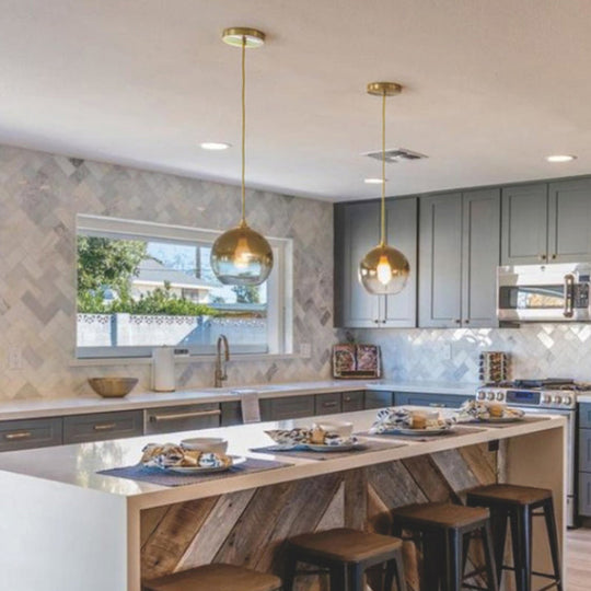 Modern Glass Pendant Light Fixture For Bedroom - Gold Sphere Ceiling Hanging Lamp