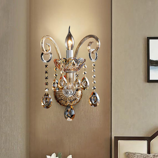 Modern Amber Glass Candle Sconce Wall Light With Crystal Drip Accent - 1/2 Heads Bedroom Fixture
