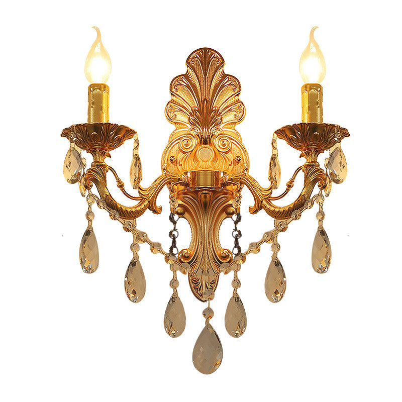 Postmodern Brass Wall Sconce With Crystal Drip Accent - Candelabra Style 1/2 Head Design For Living