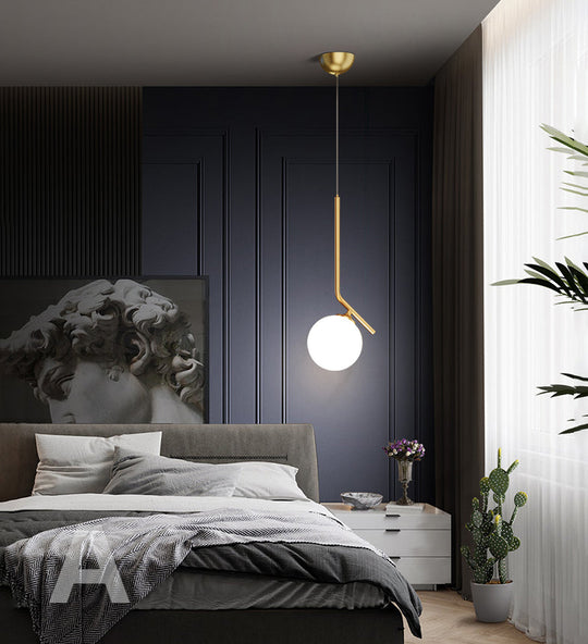 Mid-Century Opal Frosted Glass Globe Pendant Light With Hanging Lamp – 1