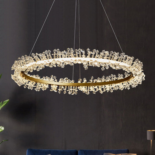 Minimalist Gold Chandelier Led Pendant Light For Bedroom - K9 Crystal Round Suspension Design