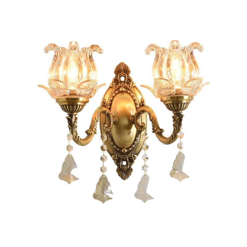 Modern Clear Glass Flower Wall Sconce Light With Crystal Drop - 1/2 Heads Brass Mounted