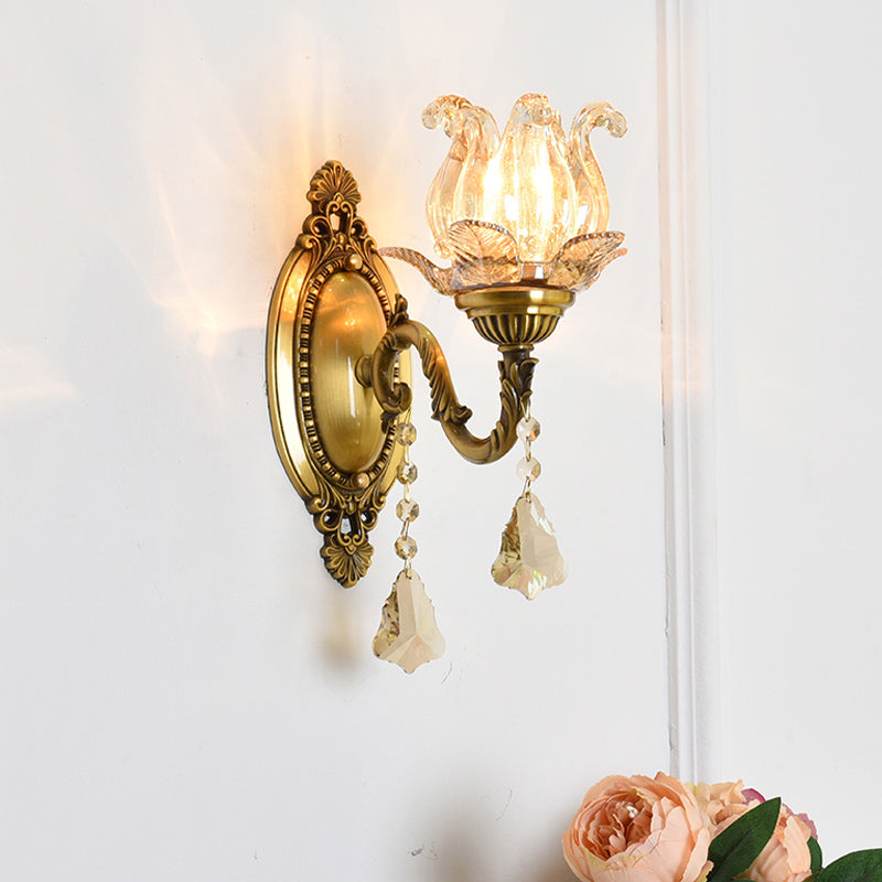 Modern Clear Glass Flower Wall Sconce Light With Crystal Drop - 1/2 Heads Brass Mounted