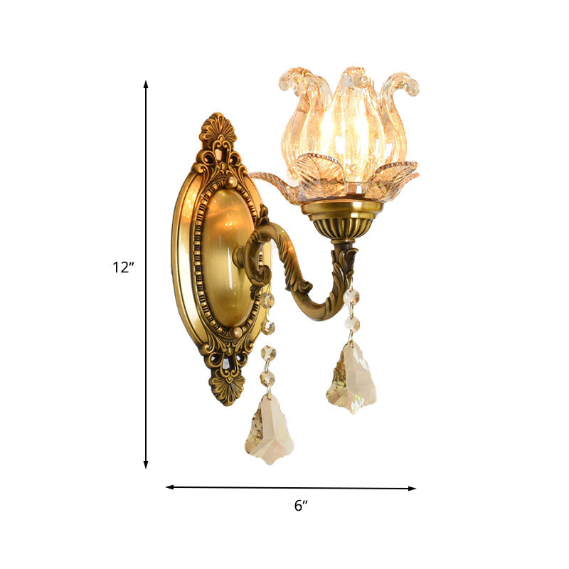 Modern Clear Glass Flower Wall Sconce Light With Crystal Drop - 1/2 Heads Brass Mounted