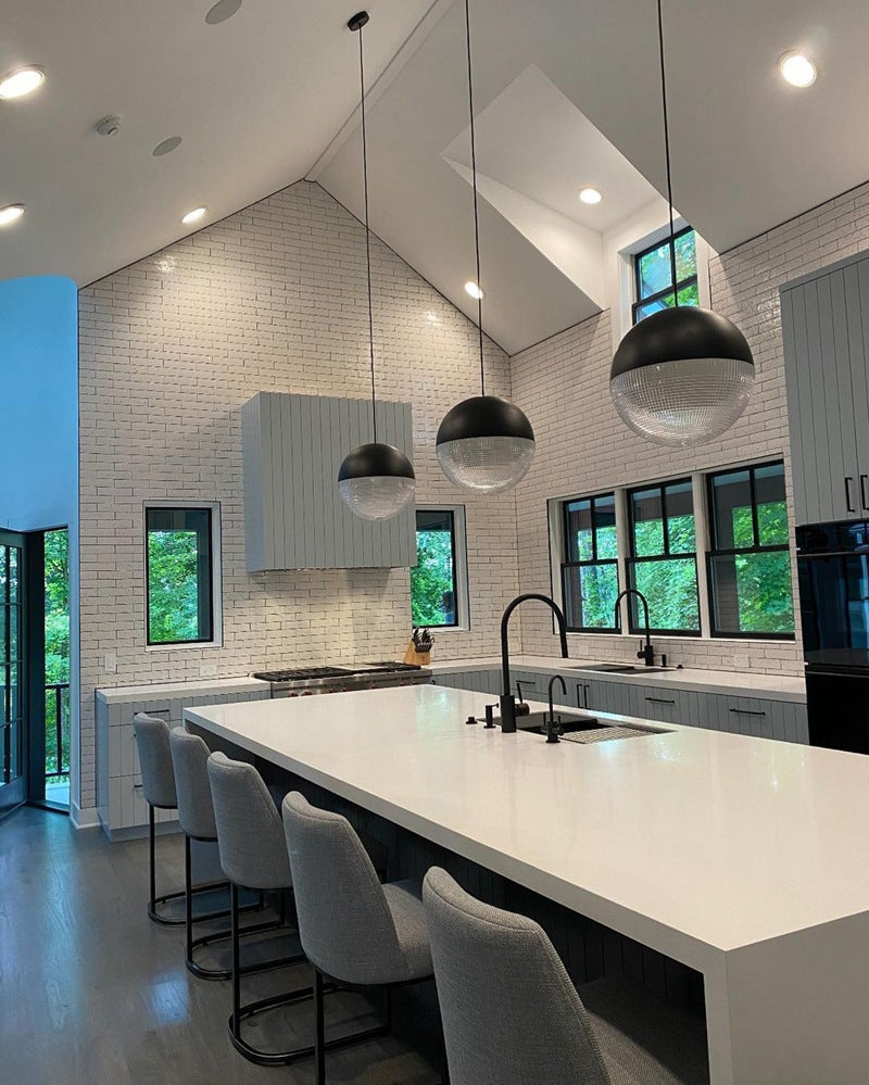 1-Light Metal Pendant Lamp With Mid-Century Modern Spherical Prismatic Glass