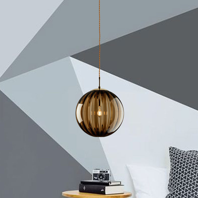 Sleek Ribbed Pendant Light: Modern Designer Hanging Lamp For Bedroom With 1 Light Amber