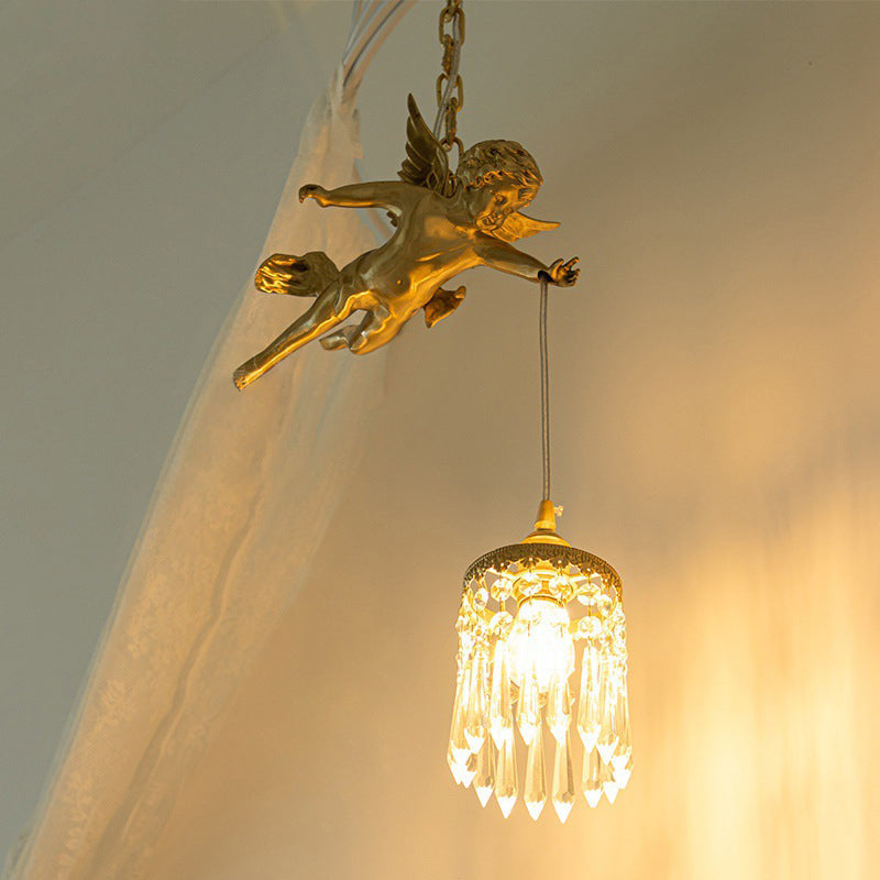 Vintage Brass Angle Pendant Lamp - Bedroom Lighting With Crystal Drip Accent