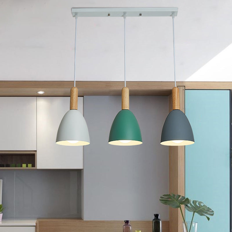 Macaroon Wood Dome Pendant Light Fixture - 3-Light Hanging Lamp For Living Room White-Grey-Green