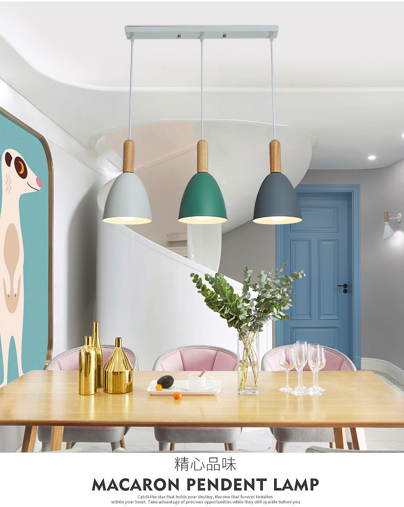 Macaroon Wood Dome Pendant Light Fixture - 3-Light Hanging Lamp For Living Room