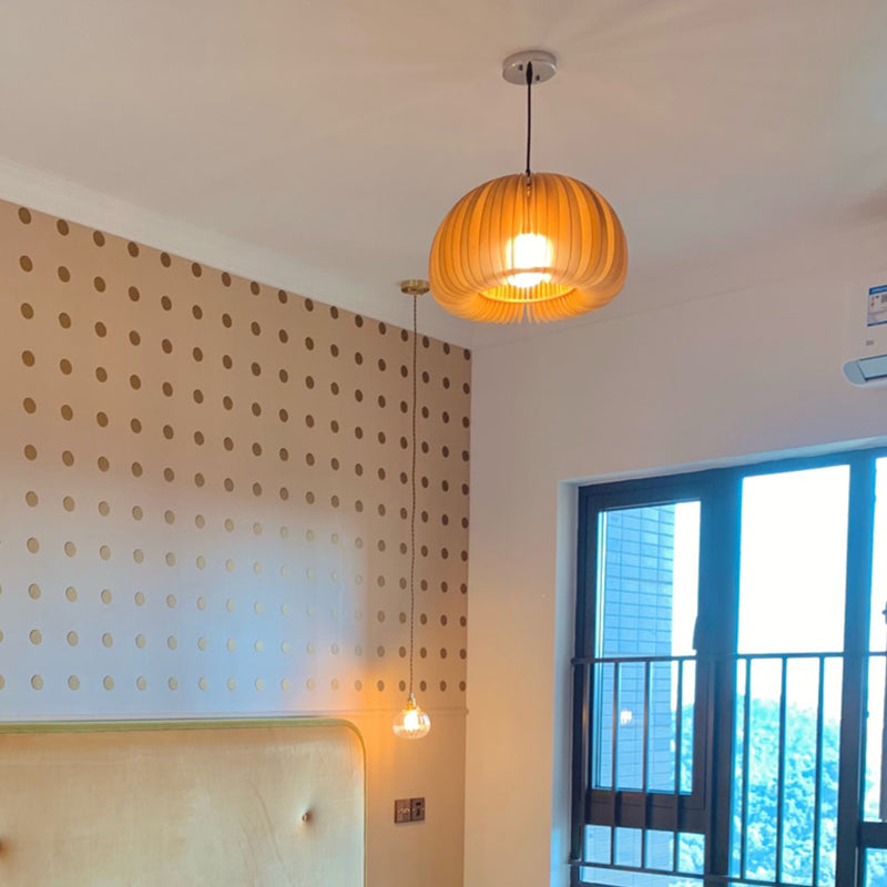 Basswood Pumpkin Pendant Light - Modern Wooden Hanging Lamp
