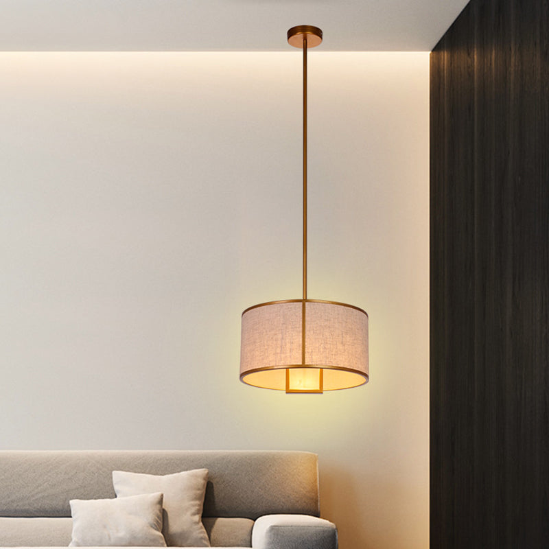 Minimalist Single-Light Fabric Drum Pendant For Living Room With 47 Carbon Steel Rod