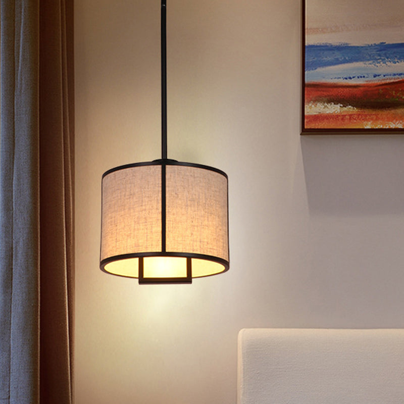 Minimalist Single-Light Fabric Drum Pendant For Living Room With 47 Carbon Steel Rod